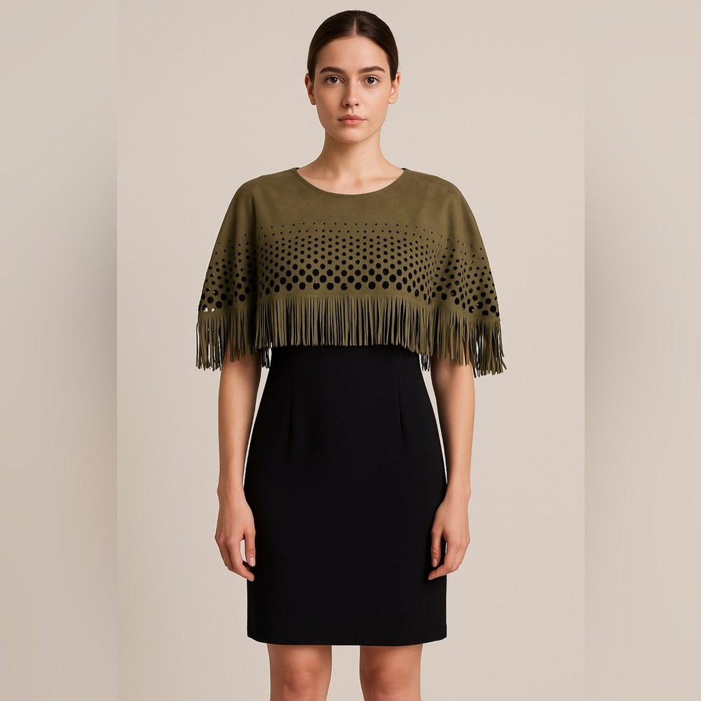 Meraki Black Dress w/ Olive Fringe Poncho Sz M